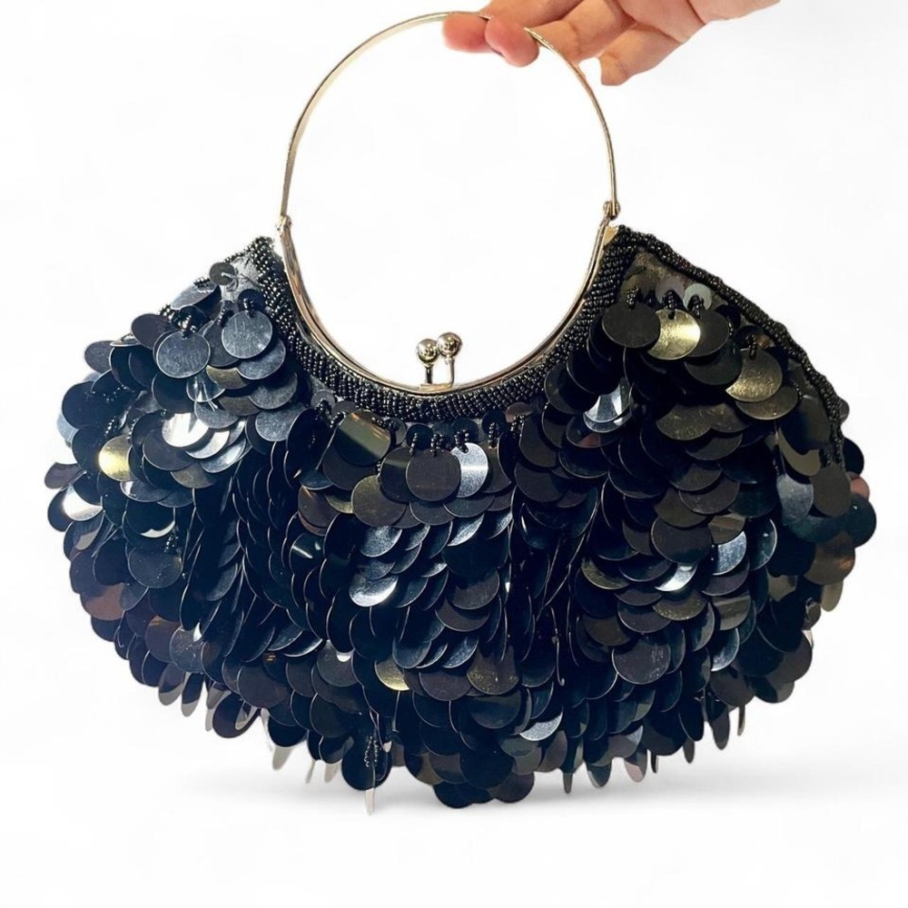 Vintage Y2K black sparkly sequin beaded clutch purse